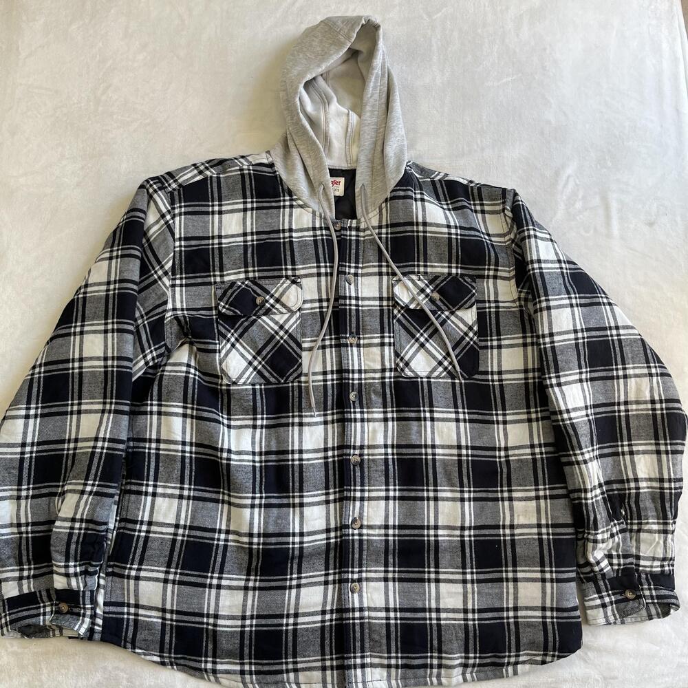 Wrangler Authentics Jacket Mens 3XL Black Plaid Hooded Flannel Quilted Shacket